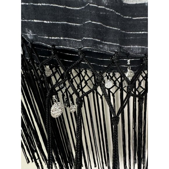 Womens Black Silver Striped Gypsy Scarf Wrap Coin Fringe Whimsigoth Belly Dancer - Picture 5 of 9